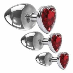 Adam & Eve Three Hearts Gem Anal Plug Set - Silver-Red Anal Toys