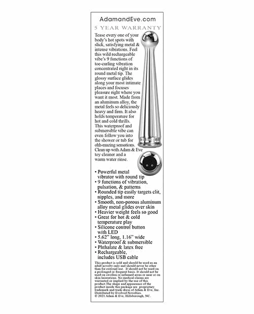 Adam & Eve Tease Me Rechargeable Metal Vibrator - Chrome