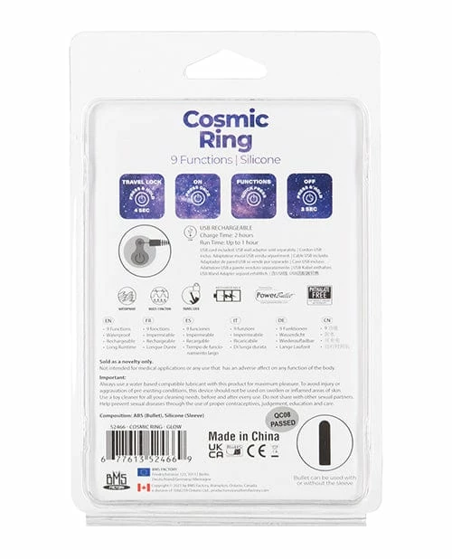 B.M.S. Enterprises Penis Toys Cosmic Cock Ring W-rechargeable Bullet - 9 Functions Glow In The Dark