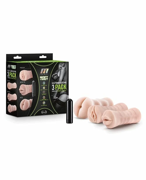 Blush Novelties Blush M For Men Self Lubricating Vibrating Stroker Sleeve Kit - Vanilla Pack Of 3 Penis Toys
