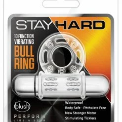 Blush Novelties Blush Stay Hard 10 Function Vibrating Bull Ring Cock Ring - Clear Vibrators