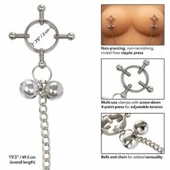 CalExotics Nipple Grips 4-point Nipple Press With Bells - Silver Kink & BDSM
