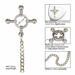 CalExotics Kink & BDSM Nipple Grips 4 Point Nipple Press With Chain - Silver