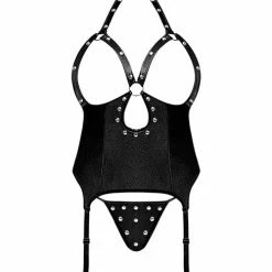 Comme Ci Comme Ca Lingerie Lust Mistress Cupless Corset With Velcro Choker Collar, Metal Garters & G-string Black