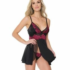 Coquette International Lingerie Asymmetrical Skirt With Sheer Panel Babydoll & G-string Black-Fuchsia One Size Fits Most