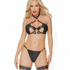 Coquette International Black Label Adjustable Choker Bra, G-string & Leg Garters Black O-s Lingerie