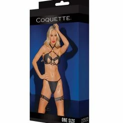 Coquette International Black Label Adjustable Choker Bra, G-string & Leg Garters Black O-s Lingerie
