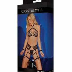 Coquette International Black Label Strappy Detail Halter Top, Crotchless Panty, Garters & Restraints Black O-s