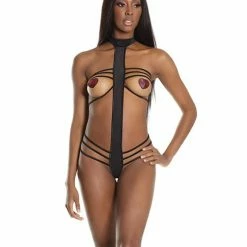 Coquette International Lingerie Bold Stretch Knit Strappy Cupless, Halter Teddy Black One Size Fits Most