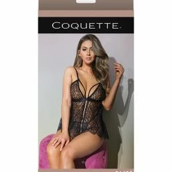 Coquette International Classic Fine Lace Sheer Triangle Cup Babydoll & G-string Black One Size Fits Most Lingerie