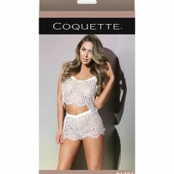 Coquette International Classic Sheer Eyelash Lace Crop Cami & Short White One Size Fits Most