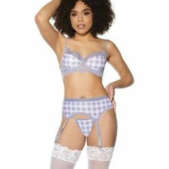 Coquette International Crystal Pink Buffalo Check Print, Bra, Garter Belt & G-String