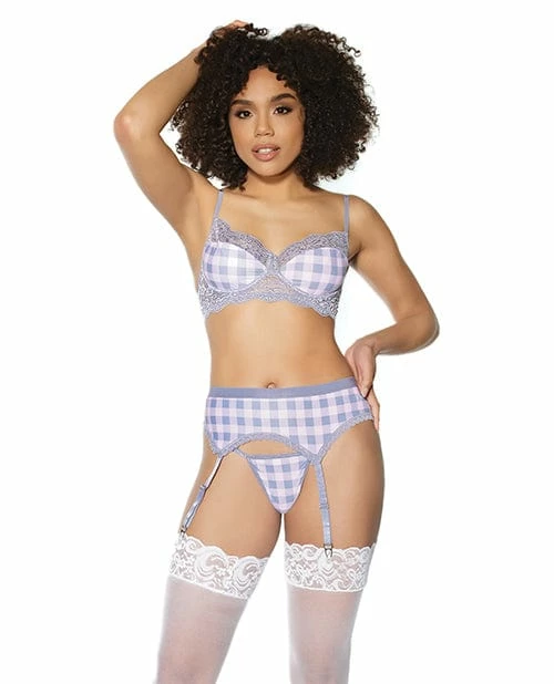 Coquette International Crystal Pink Buffalo Check Print, Bra, Garter Belt & G-String