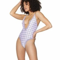 Coquette International Crystal Pink Buffalo Check Print Deep V, Cage Back Panty Teddy Lingerie