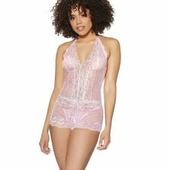 Coquette International Crystal Pink Halter Crotchless Teddy Pink-Silver One Size Fits Most Lingerie