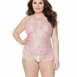 Coquette International Lingerie Crystal Pink Halter Crotchless Teddy Pink-Silver Os-Xl