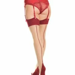 Coquette International Lingerie Cuban Heel & Sheer Thigh High With Back Seam Merlot-Nude XL
