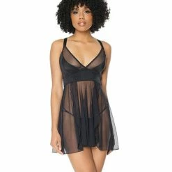Coquette International Lingerie Double Slit Sheer Babydoll With Cage Detail Back & G-string Black One Size Fits Most