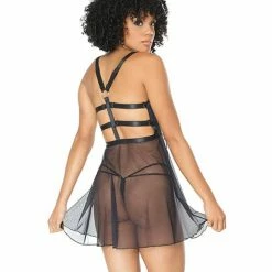 Coquette International Lingerie Double Slit Sheer Babydoll With Cage Detail Back & G-string Black One Size Fits Most