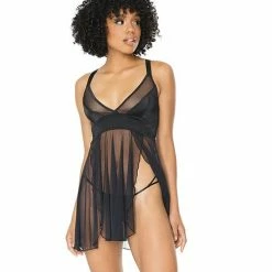 Coquette International Lingerie Double Slit Sheer Babydoll With Cage Detail Back & G-string Black One Size Fits Most
