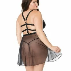 Coquette International Double Slit Sheer Babydoll With Cage Detail Back & G-string Black Os-Xl Lingerie