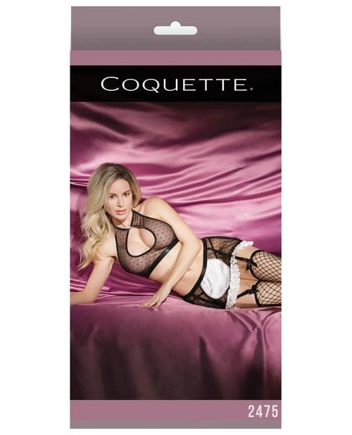Coquette International Lingerie Fashion Dot Mesh Satin French Maid Halter Top & Skirt Black One Size Fits Most