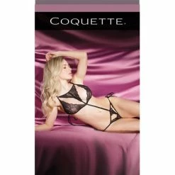 Coquette International Lingerie Fashion Scallop Stretch Lace Teddy With Side Ties Black One Size Fits Most