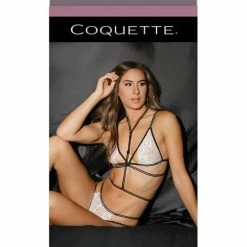 Coquette International Fashion Stretch Lace Bralette & Crotchless Panty With Harness White-Black One Size Fits Most Lingerie
