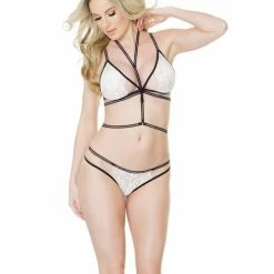 Coquette International Fashion Stretch Lace Bralette & Crotchless Panty With Harness White-Black One Size Fits Most Lingerie