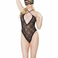 Coquette International Lingerie Fashion Stretch Lace Kitty Teddy & Mask Black One Size Fits Most