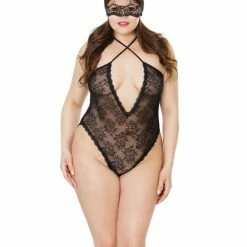 Coquette International Fashion Stretch Lace Kitty Teddy & Mask Black Queen Size