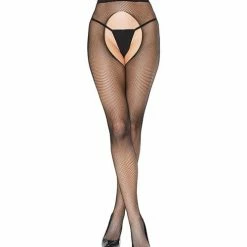 Coquette International Fishnet Natural Waist Crotchless Pantyhose Black O-s