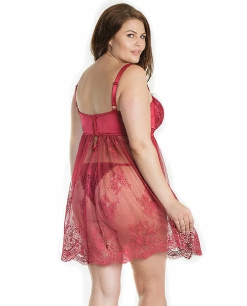 Coquette International Lingerie Lightly Padded Demi Cup & Fine Lace Skirt Babydoll & Adjustable Crotchless Panty