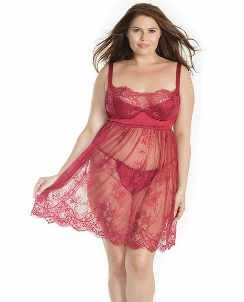 Coquette International Lingerie Lightly Padded Demi Cup & Fine Lace Skirt Babydoll & Adjustable Crotchless Panty