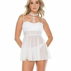 Coquette International Opaque Floral Lace & Sheer Mesh Attached Choker Babydoll White