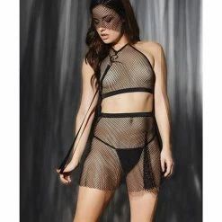 Coquette International Play Darque Fishnet Halter Top, Skirt, Veil Headband, & Removable Leash Lingerie