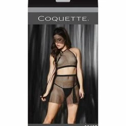 Coquette International Play Darque Fishnet Halter Top, Skirt, Veil Headband, & Removable Leash Lingerie
