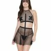 Coquette International Play Darque Fishnet Halter Top, Skirt, Veil Headband, & Removable Leash Lingerie