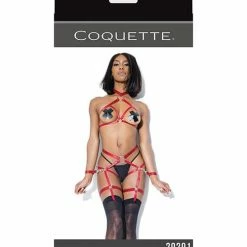 Coquette International Lingerie Play Darque Halter Top, Crotchless Panty, Garters & Restraints Merlot One Size Fits Most