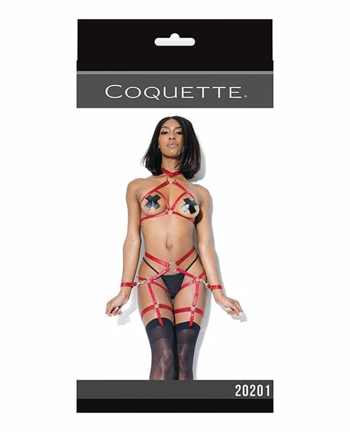 Coquette International Lingerie Play Darque Halter Top, Crotchless Panty, Garters & Restraints Merlot One Size Fits Most