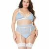 Coquette International Lingerie Scallop Stretch Lace Bra, Garter Belt & G-string Light Blue/white