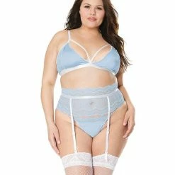 Coquette International Lingerie Scallop Stretch Lace Bra, Garter Belt & G-string Light Blue/white