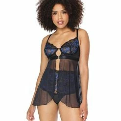 Coquette International Scallop Stretch Lace & Mesh Front Closure Babydoll & High Waist Thong Black/cobalt