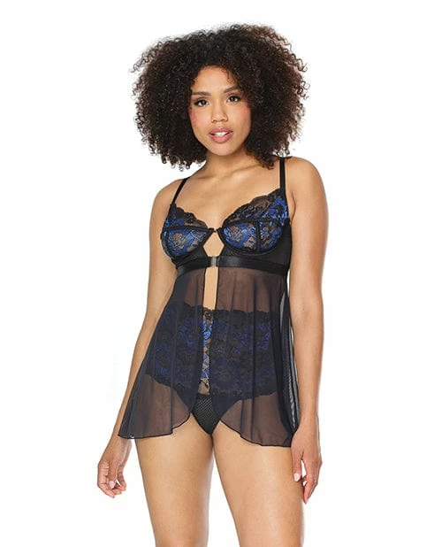 Coquette International Scallop Stretch Lace & Mesh Front Closure Babydoll & High Waist Thong Black/cobalt