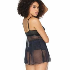 Coquette International Scallop Stretch Lace & Mesh Front Closure Babydoll & High Waist Thong Black/cobalt
