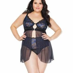 Coquette International Lingerie Scallop Stretch Lace & Mesh Front Closure Babydoll & High Waist Thong Black/cobalt