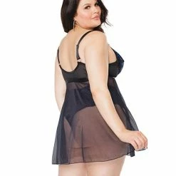 Coquette International Lingerie Scallop Stretch Lace & Mesh Front Closure Babydoll & High Waist Thong Black/cobalt
