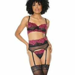 Coquette International Lingerie Scallop Stretch Lace & Sheer Nylon Bra, Garter Belt & G-string