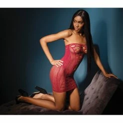 Coquette International Sleek Seamless Stretch Fishnet Tube Dress With Laser Cutout Details Merlot One Size Fits Most