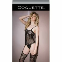 Coquette International Sleek Seamless Stretch Net Cami Top With Lace Print Detail & Attached. Stockings